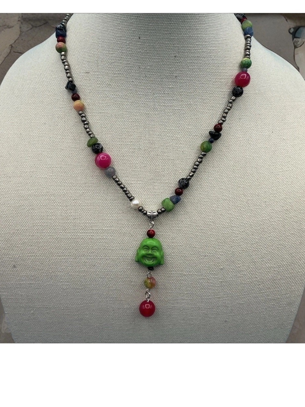 Colorful Green Buddha Bead Necklace - Artisan Jewelry